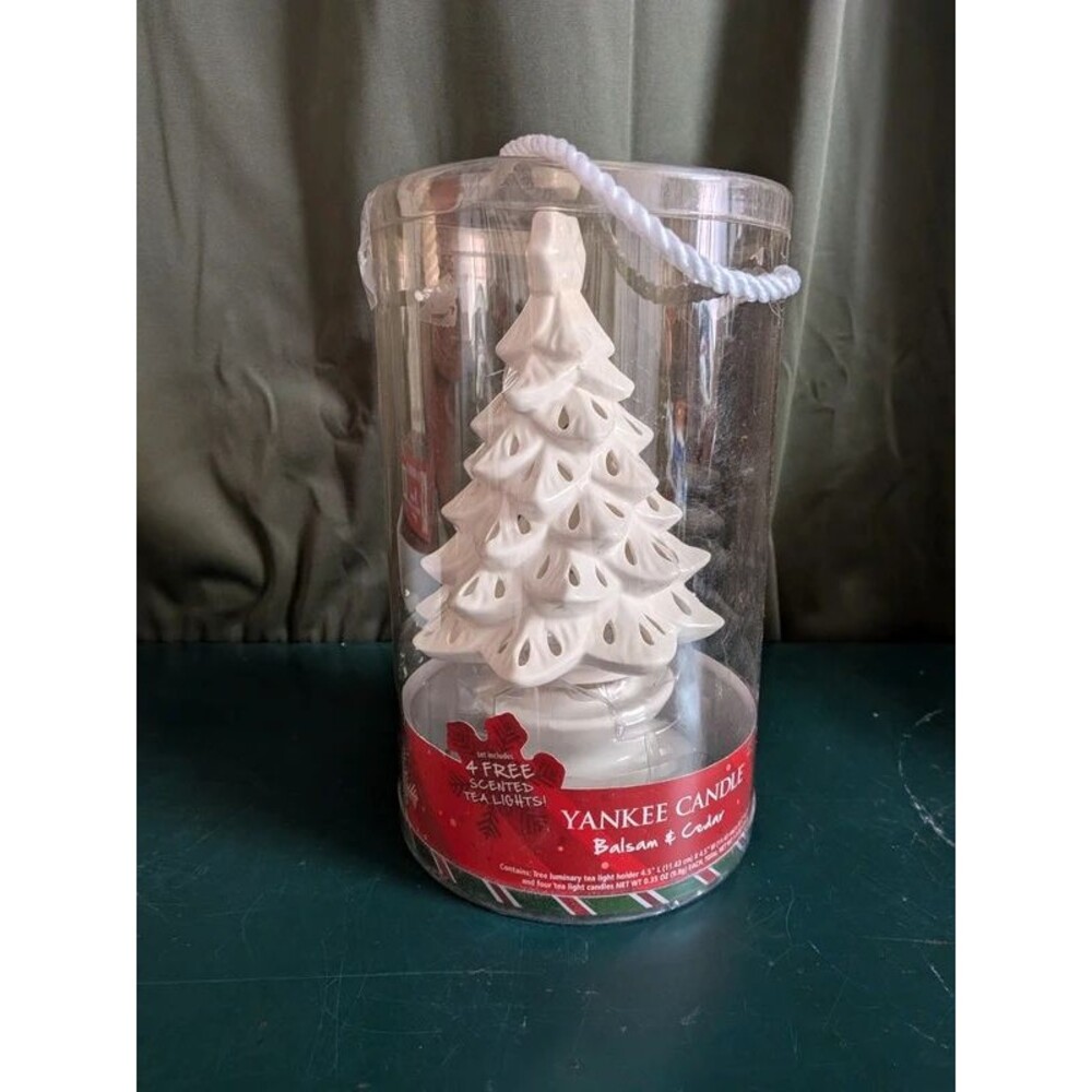 Vintage Yankee Candle White Ceramic Christmas Tree Luminary Tea Light Holder